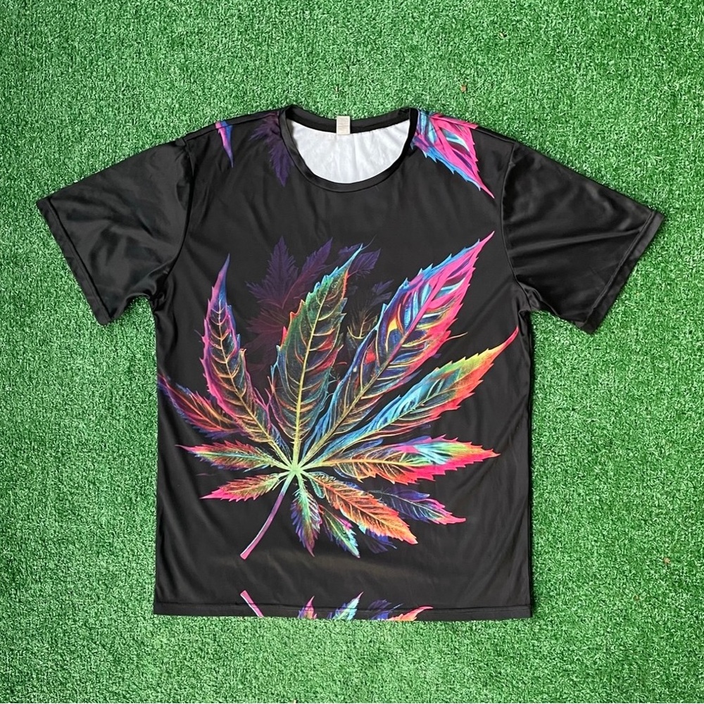 Black Tee with Neon Rainbow Leaf Graphic